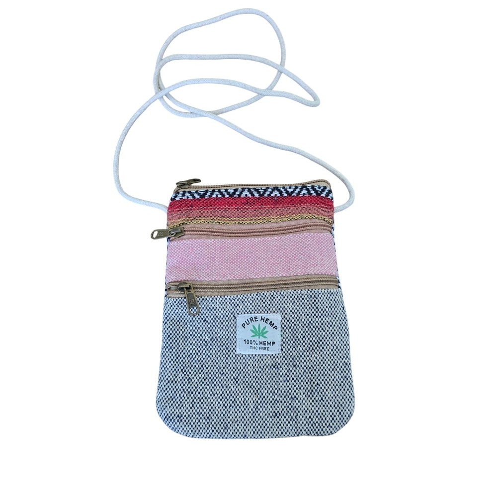 Pure Hemp Woven Crossbody Bag Multi-Color 3-Zipper Passport Pouch Boho Festival